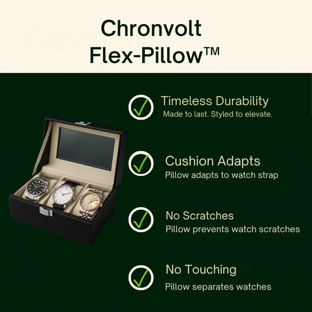 3-Slot Leather Watch Box – Compact Display Case with Glass Lid | CHRONVAULT™