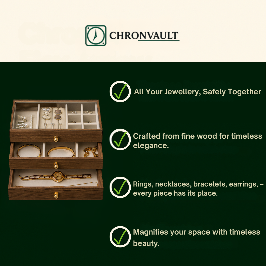 Wooden Jewellery Box – 3-Layer -  Glass Lid| Chronvault™