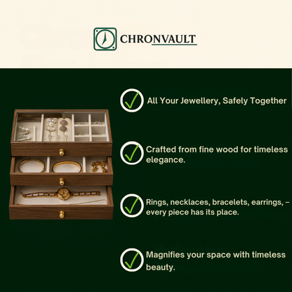 Wooden Jewellery Box – 3-Layer -  Glass Lid| Chronvault™