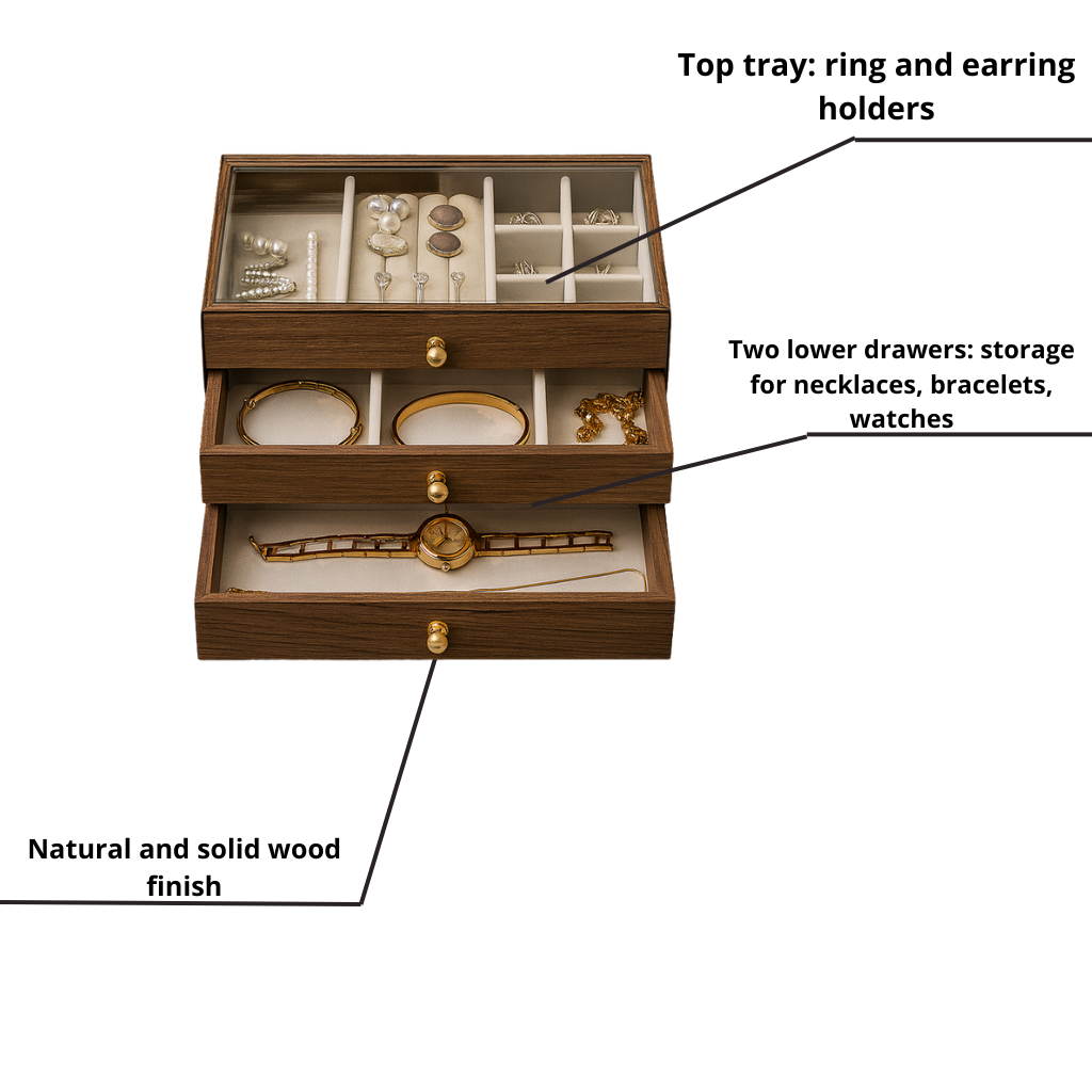 Wooden Jewellery Box – 3-Layer -  Glass Lid| Chronvault™