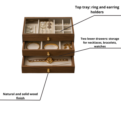 Wooden Jewellery Box – 3-Layer -  Glass Lid| Chronvault™
